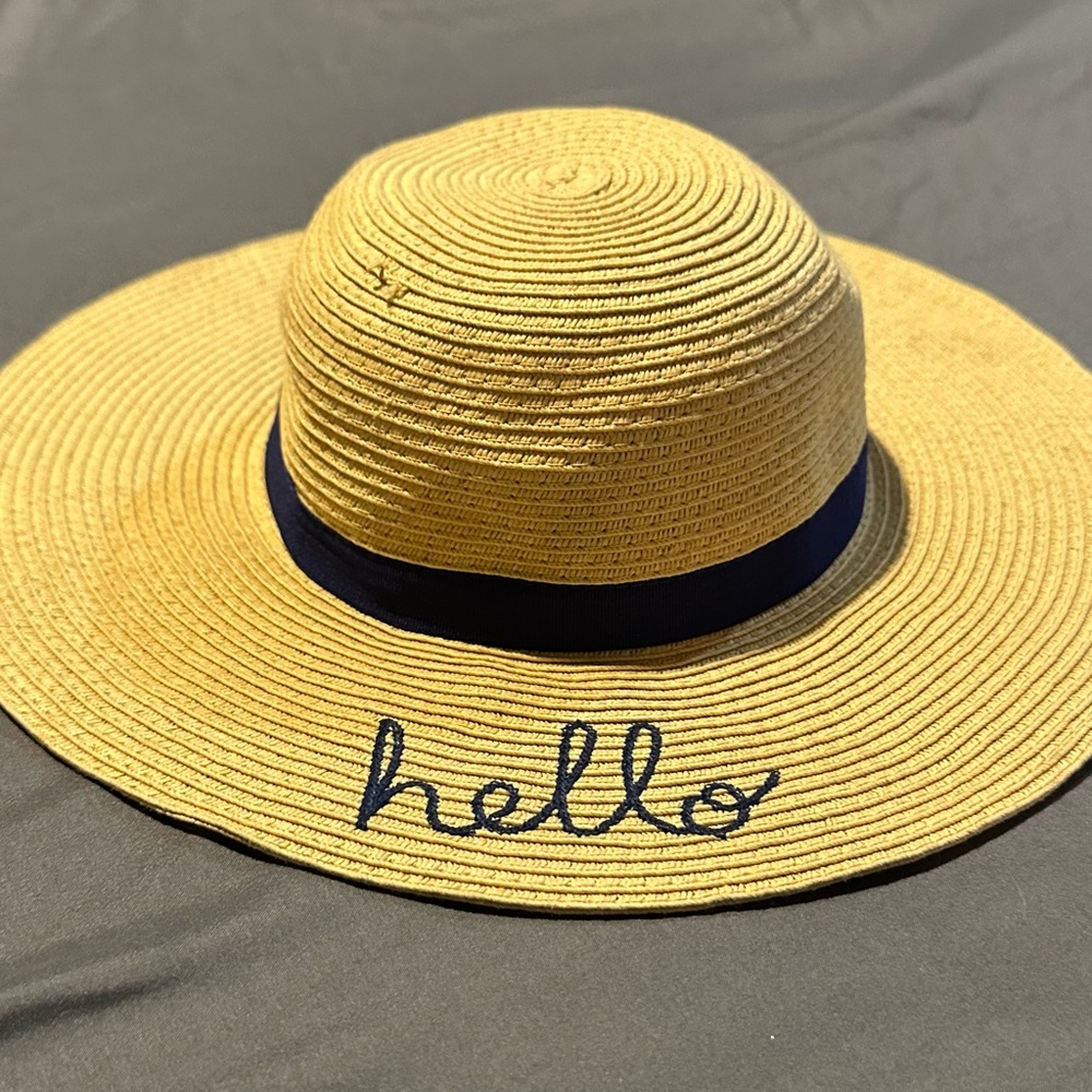 Yellow Straw Hat with Navy Band and Embroidery